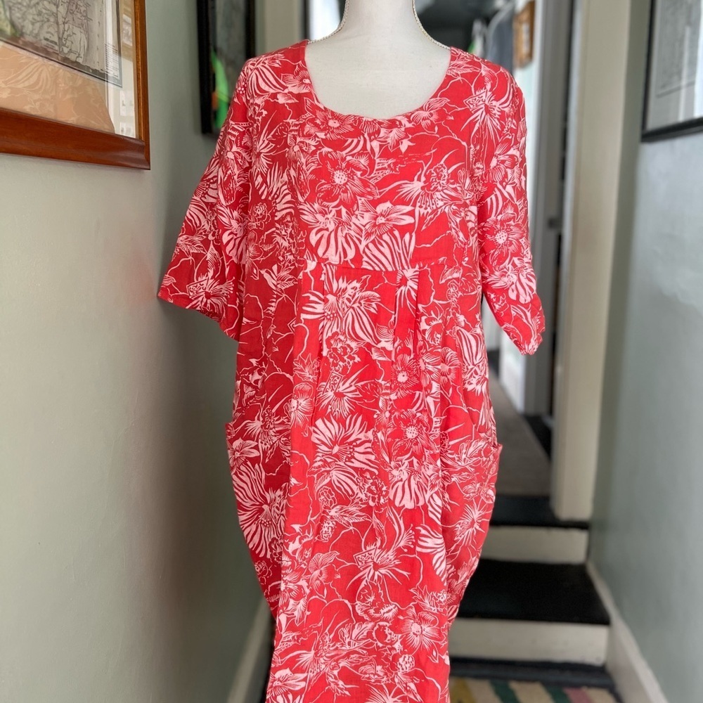 WoolOvers 100% Linen Pocket Tunic Dress Floral Coral Knee Length UK 12 US 16